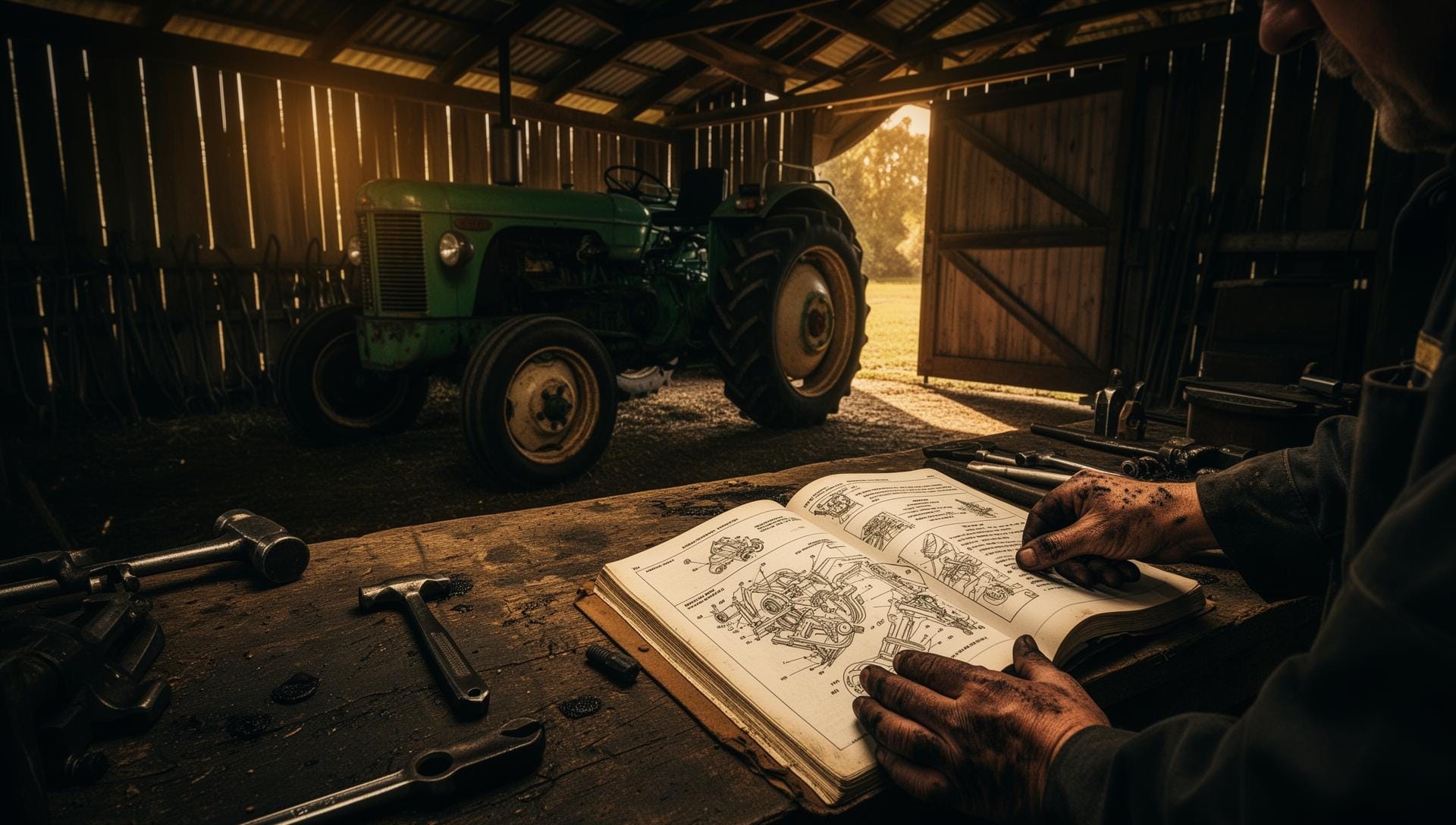 Mechanic reading a tractor repair manual in a farm shed