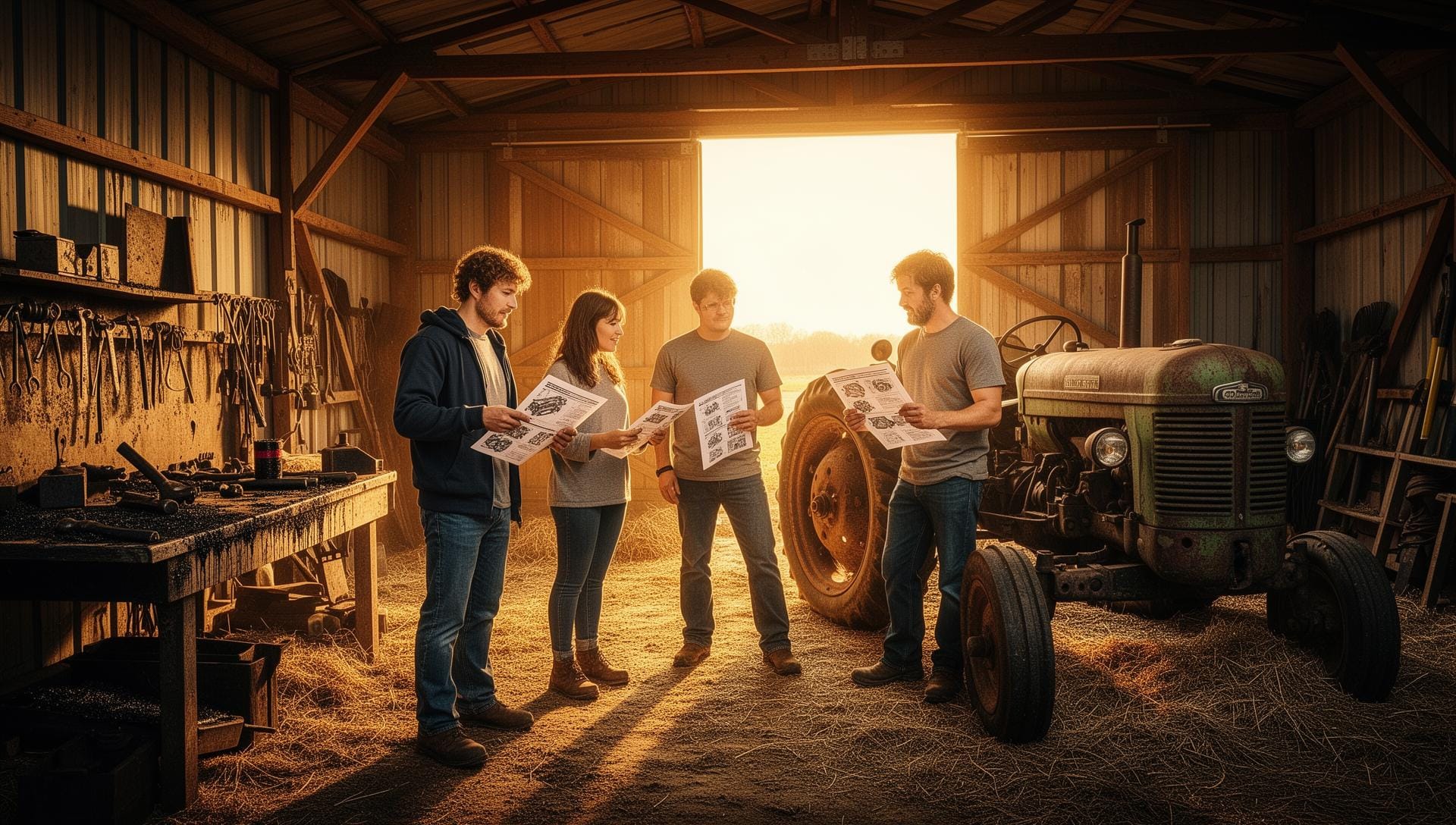 Farmers in a shed wearing Tractor Life Gear and holding printed manuals